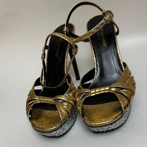 Saint Laurent Metallic Gold Platform Strappy Heels